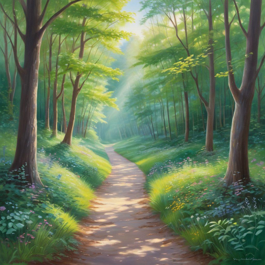 A serene pathway through a lush green forest, symbolizing the journey of cancer patients. Alongside, gentle light beams filtering through the leaves represent hope and support. Diverse individuals of various ages and backgrounds are seen sharing insights and encouraging one another, embodying empowerment and community. Soft pastel colors create a comforting atmosphere, inviting the viewer to feel inspired. painting. vibrant colors.