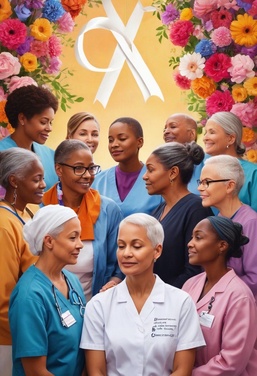 A comforting scene showing a diverse group of cancer survivors and healthcare professionals engaged in a supportive conversation, surrounded by symbols of hope like colorful ribbons and blooming flowers. The background should depict a serene treatment center with warm lighting, evoking a sense of empowerment and community. Illustrate moments of compassion, resilience, and innovation in cancer care. vibrant colors. super-realistic. soothing ambiance.